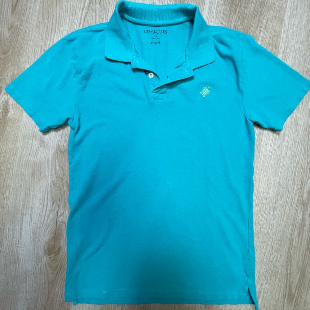 Crewcuts Teal Turquoise Aqua Short Sleeve Polo Short Embroidered Turtle sz XL